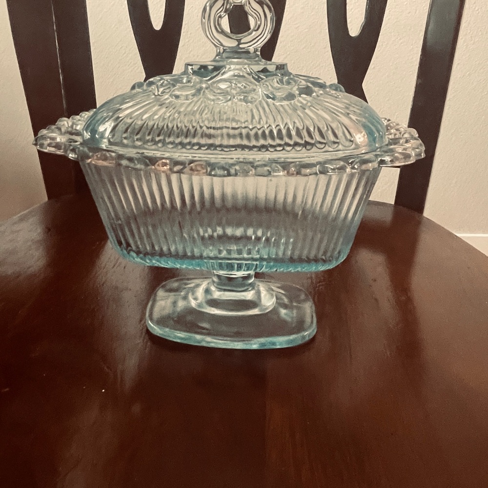 Vintage Blue Glass Pedestal Dish